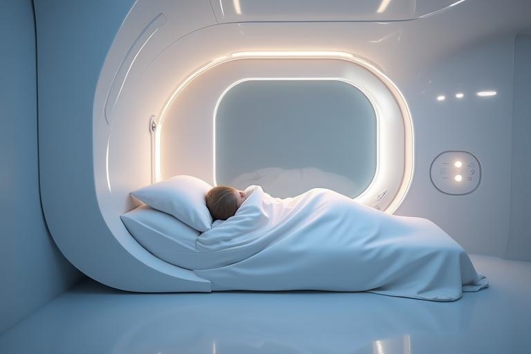 Slaapcapsule interieur, strak en comfortabel, met gedempte verlichting.