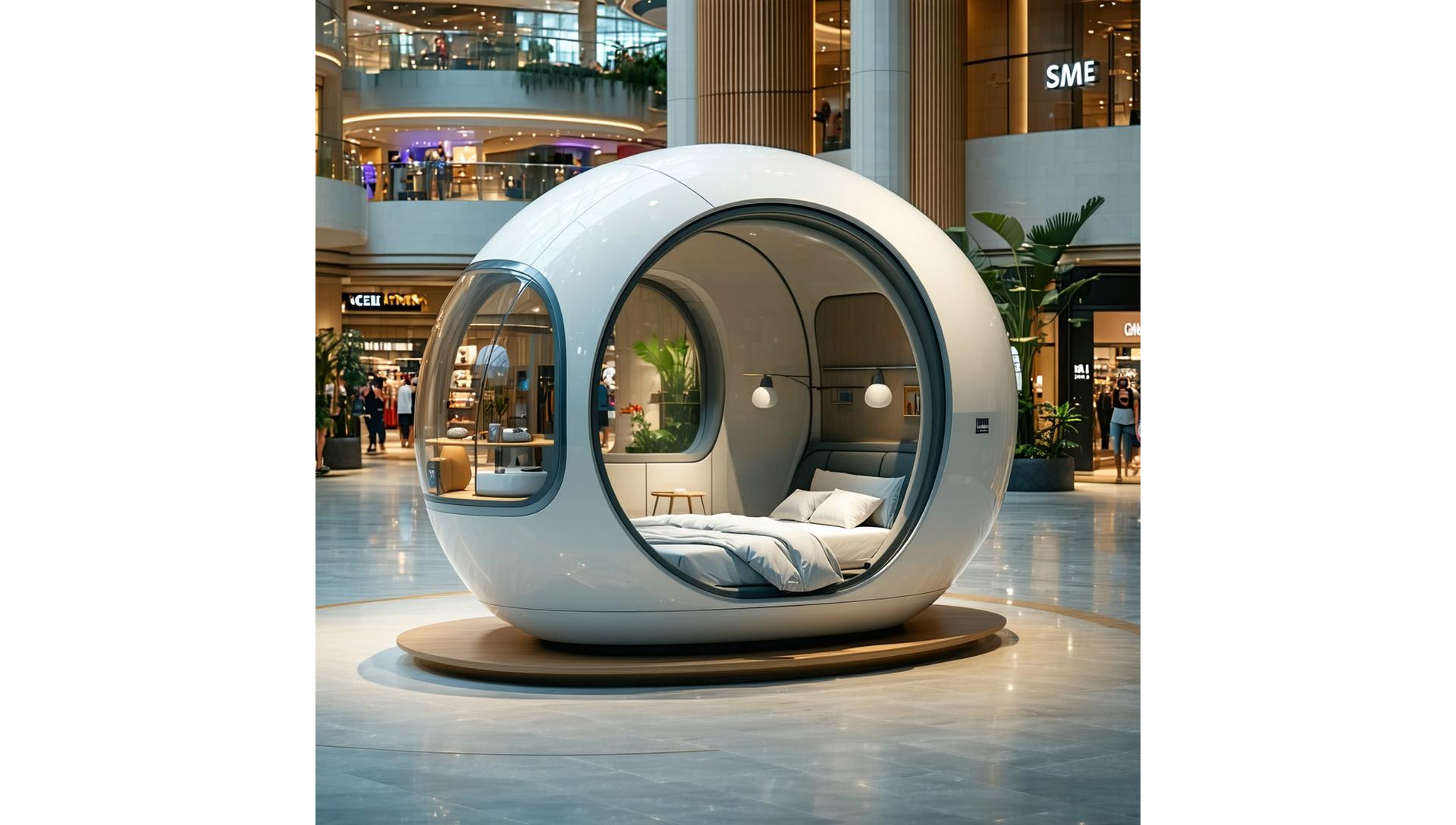 Serene slaapcapsule in een modern winkelcentrum, omringd door planten en zacht licht.